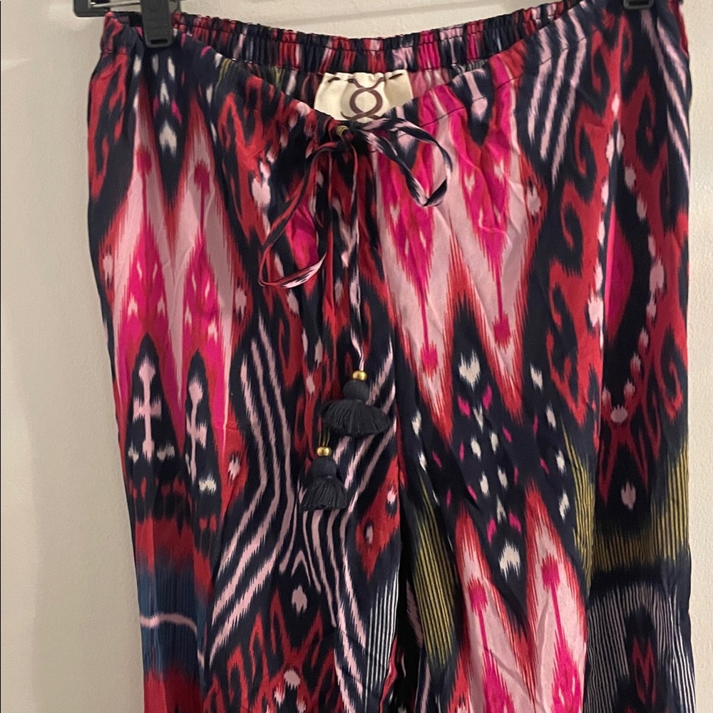 NWOT  Figue XS Ikat Multi Color Wide-leg Drawstring/Tassel ankle zipper Pants - Picture 4 of 11